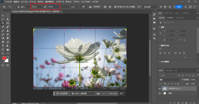 オプションバーに表示されるボックスに、幅と高さを入力する