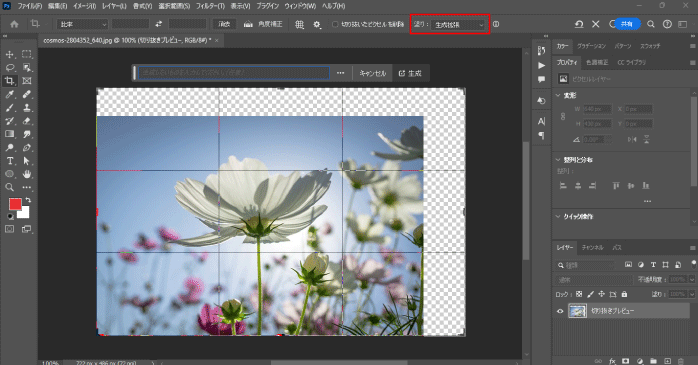 オプションバーにある塗りの項目を「生成拡張」に変更する
