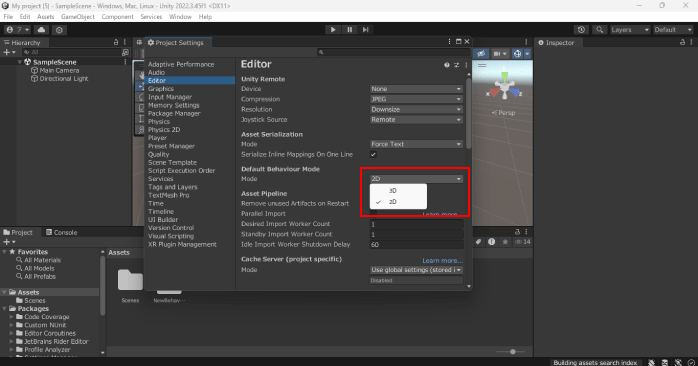 「Default Behavior Mode」のドロップダウンメニューから「2D」に変更する