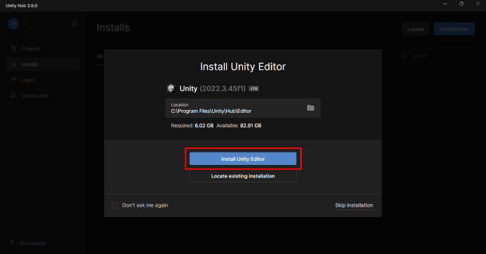 「Install Unity Editor」をクリックする
