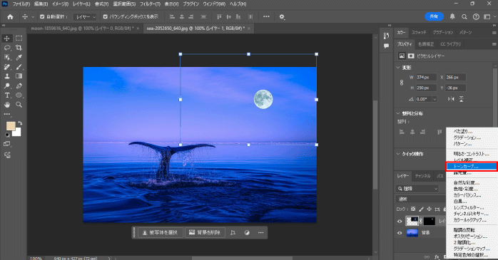 「調整レイヤー」から「トーンカーブ」を選択する
